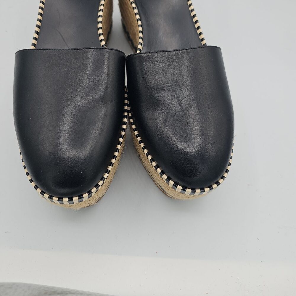 Tory Burch Black Espadrille Wedge Sandals Leather Jute Trim Size 10 - Picture 10 of 12